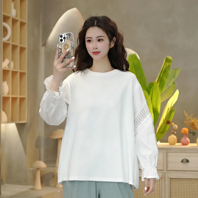 8837 镂空蕾丝衬衫春季圆领喇叭袖衬衫白色衬衣设计感洋气上衣