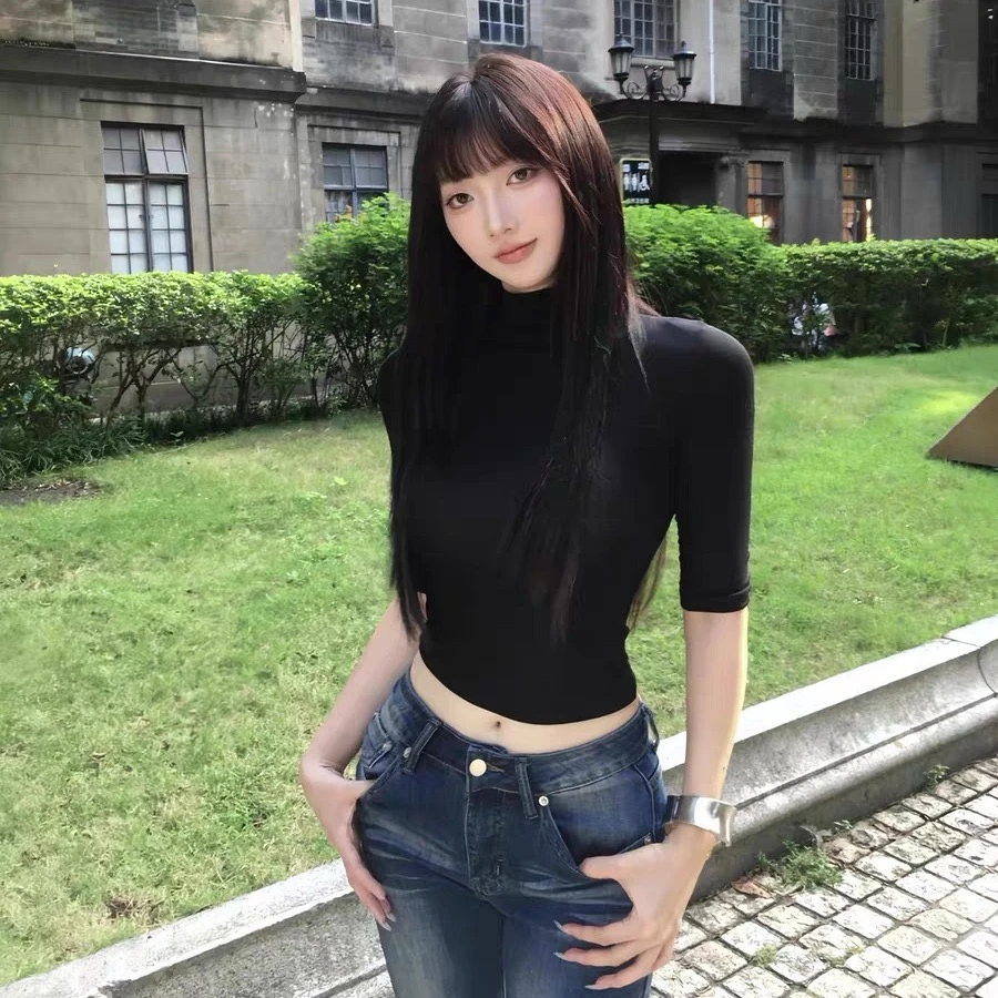 美式辣妹风黑色半高领中袖T恤女2025早秋新款性感修身内搭上衣女