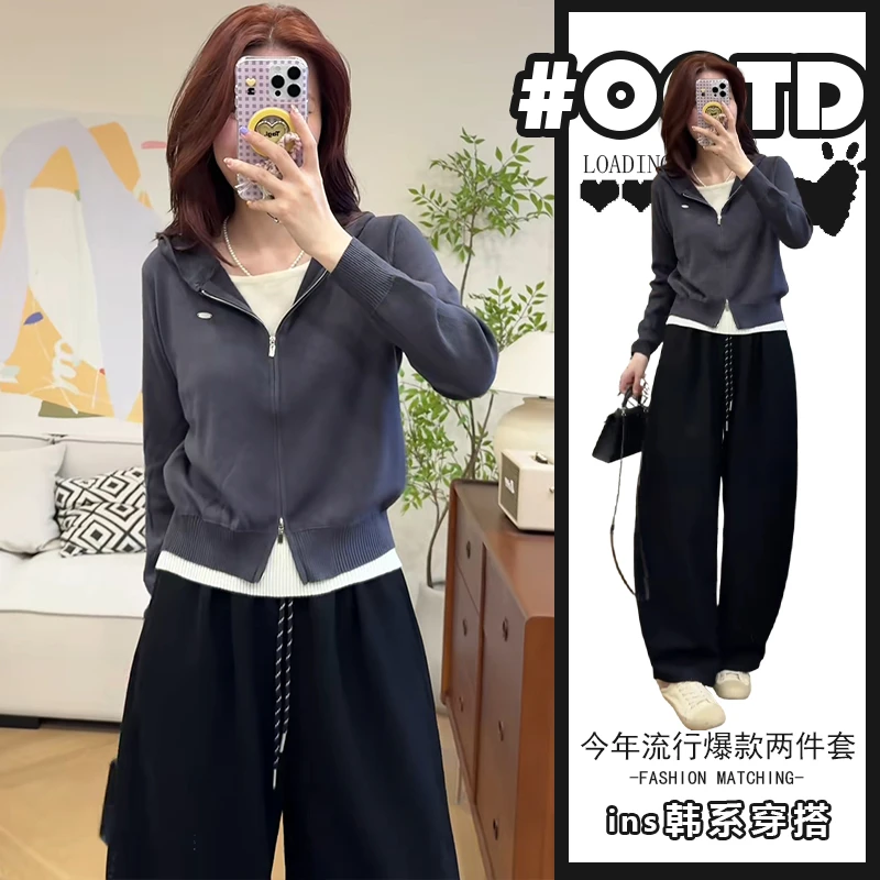 洋气炸街套装女春秋长袖拼接假两件上衣高腰休闲裤穿搭一整套