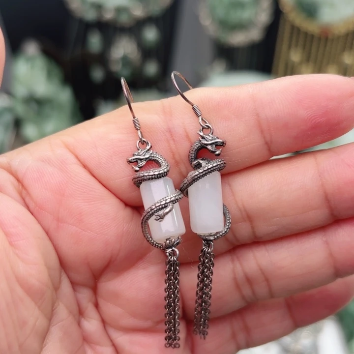 和田玉银S925镶嵌耳饰