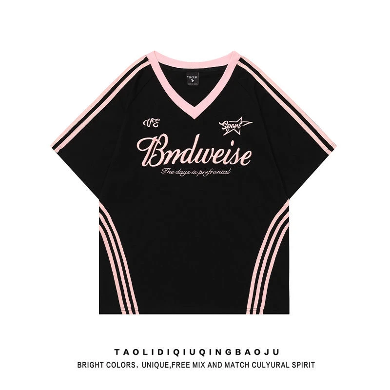 今年新款拼色三条杠V领短袖T恤女爆款美式情侣别致宽松运动上衣