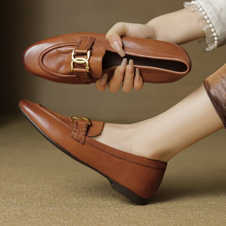 头层牛皮~1cm春秋新款深口平底乐福鞋复古英伦风小皮鞋软底单鞋女