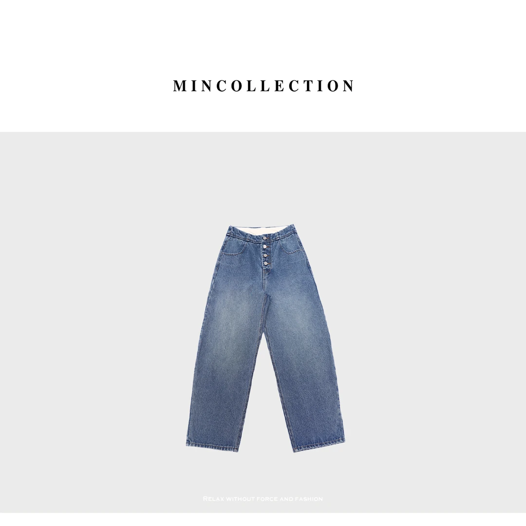 排扣牛仔/复古水洗棉排扣百搭松弛牛仔裤40718