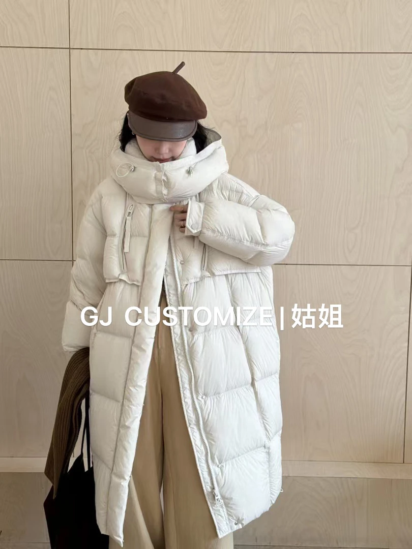 【姑姐严选】2024冬款韩版连帽立领长款鹅绒羽绒服女