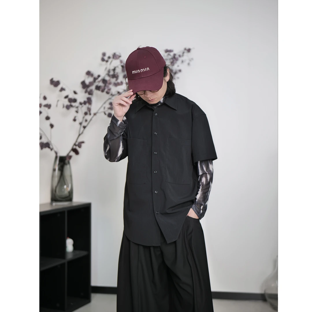 黑色双包短袖衬衫男士夏季设计款立体口袋阔版时尚衬衣CY253-1