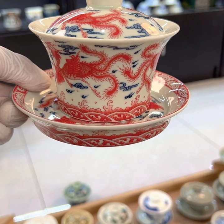 瓷片白青花釉里红九凤马蹄盖碗全品