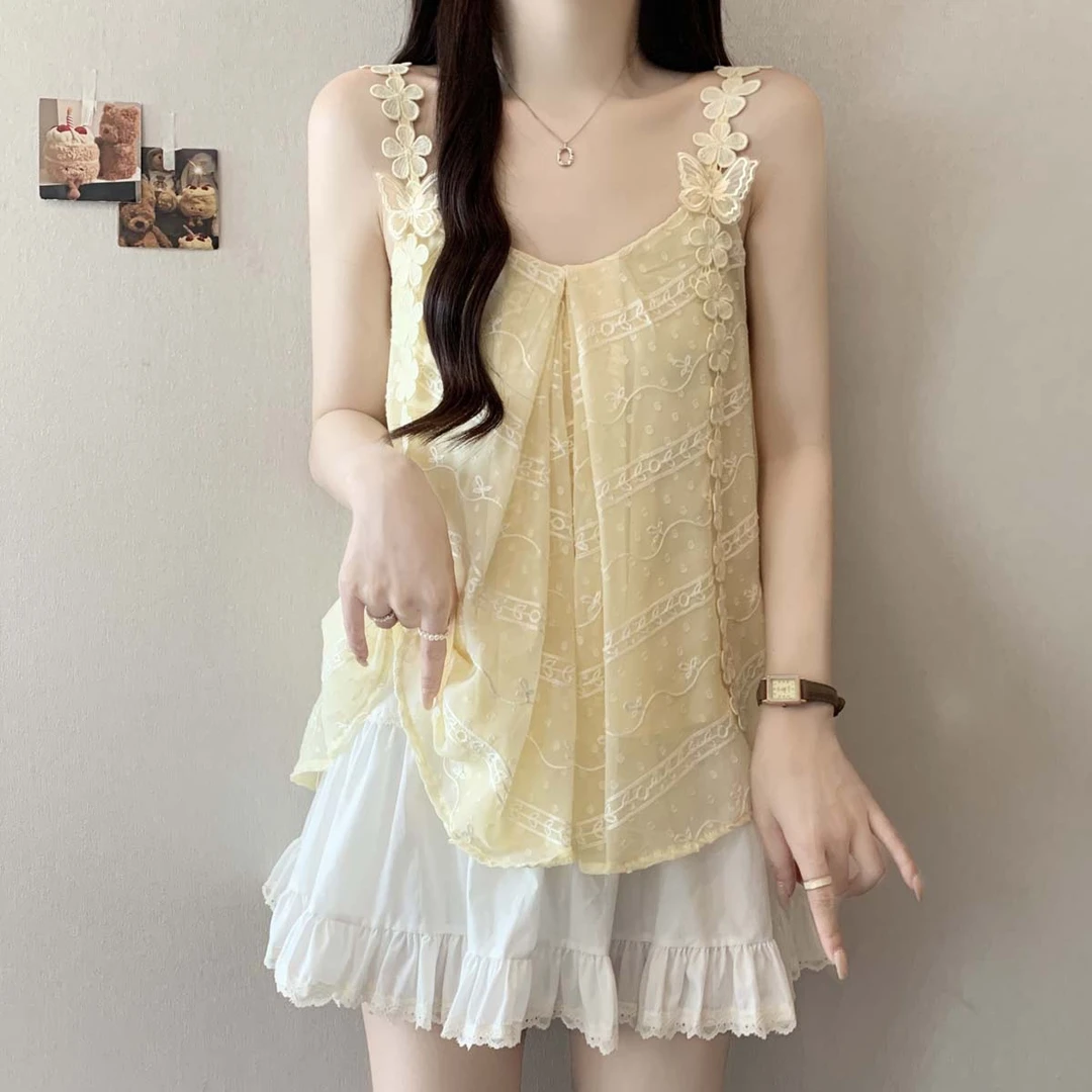 立体蝴蝶蕾丝v领吊带背心女夏季外穿大码胖mm遮肚子藏肉无袖上衣