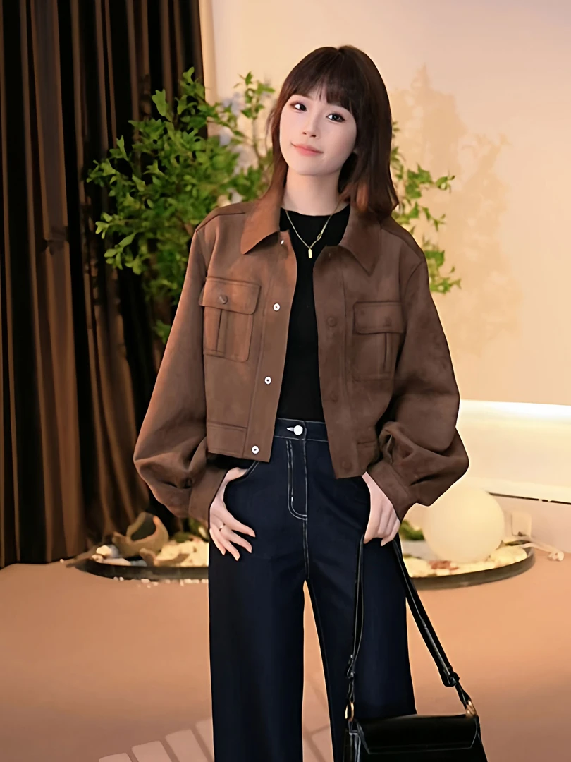 2025秋季新款韩版时尚百搭休闲工装翻领短外套女设计感气质短外套