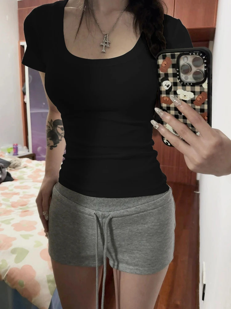 甜美夏季新款多色可选U领遮肉显瘦短袖T恤女简约修身正肩上衣紧身