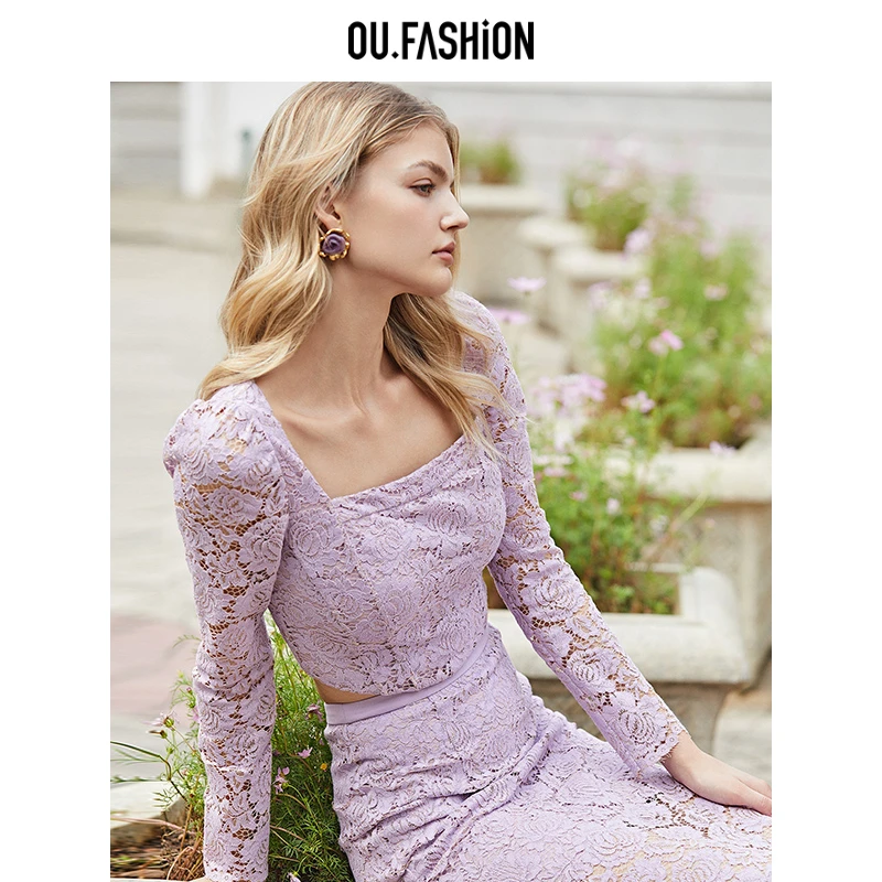 OU.FASHION/欧点方领打底衫套头蕾丝衫长袖上衣1032410383