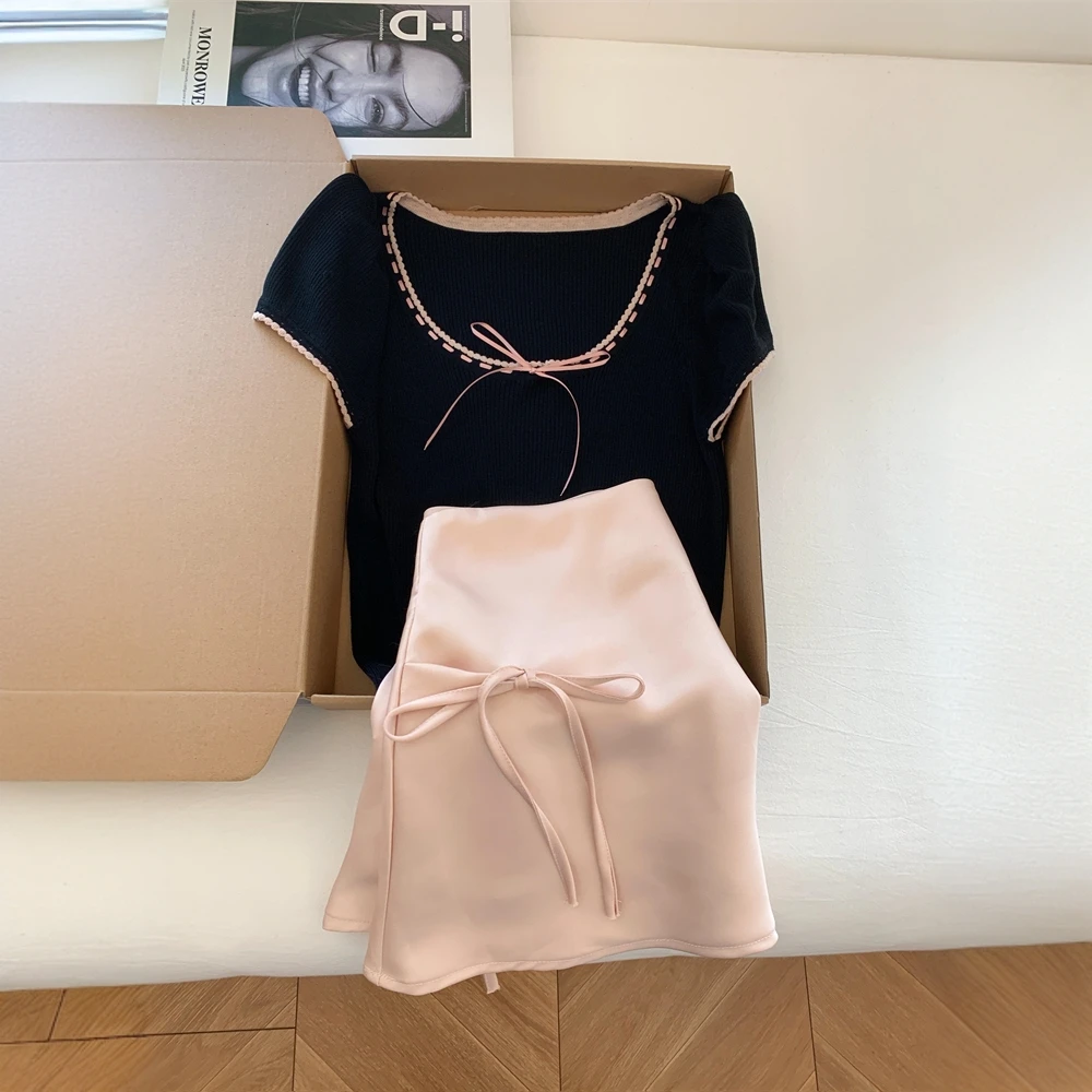 2025夏季新款韩系min系千金风黑粉撞色针织上衣蝴蝶粉色半身裙女
