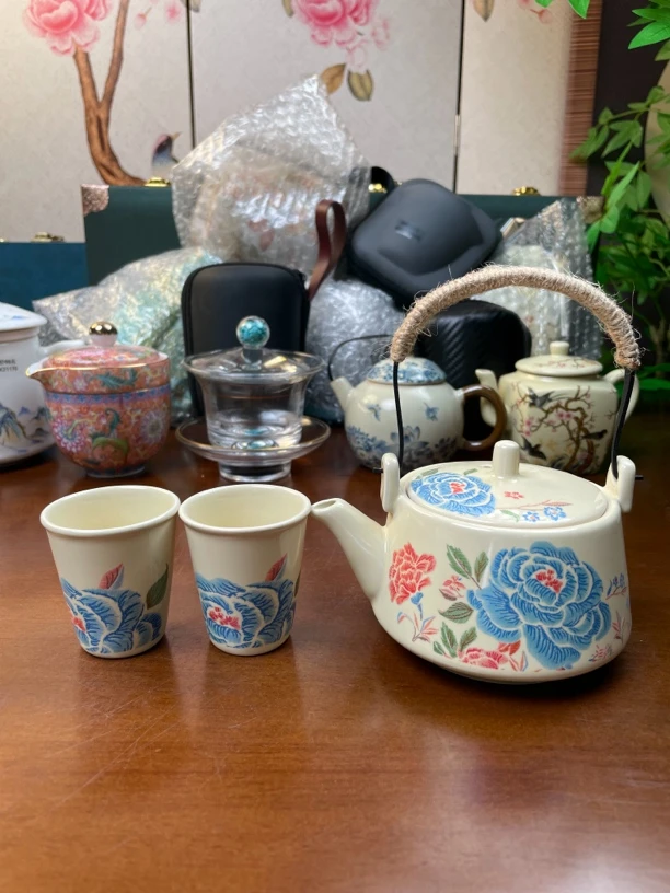 ZH3493-亮光黄汝（麻绳）手工提梁壶+2杯子泡茶壶陶瓷茶具