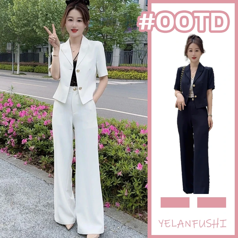 2025薄款夏季轻职风通勤时尚西装套装女装显瘦高腰裤子短袖收腰