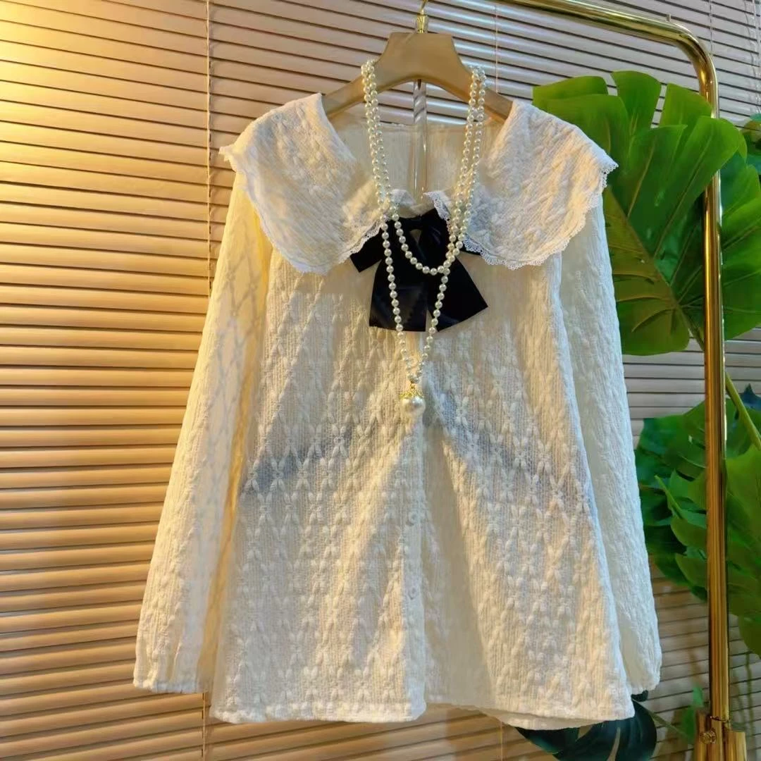 欧货新款洋气时尚显瘦遮肉宽松百搭潮流娃娃领减龄蝴蝶结温柔上衣