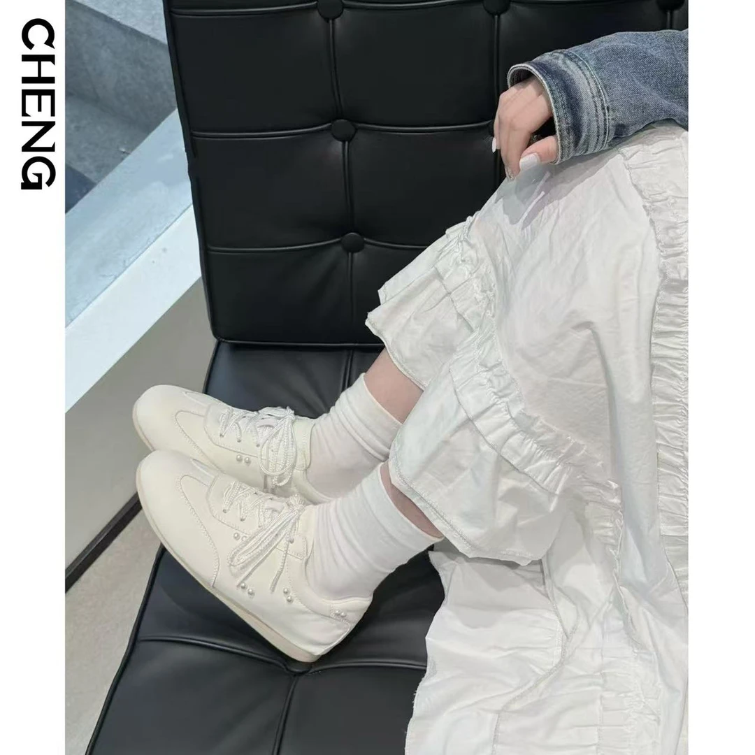 CHENG～少女感细珠装饰德训鞋/日常通勤秀气显瘦软底真皮极简搭配/