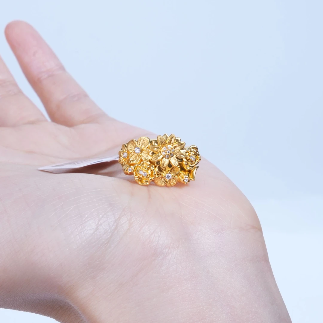 【金戒指】繁花黄金戒指5D足金999精致百搭通勤送女友附加【288/188】