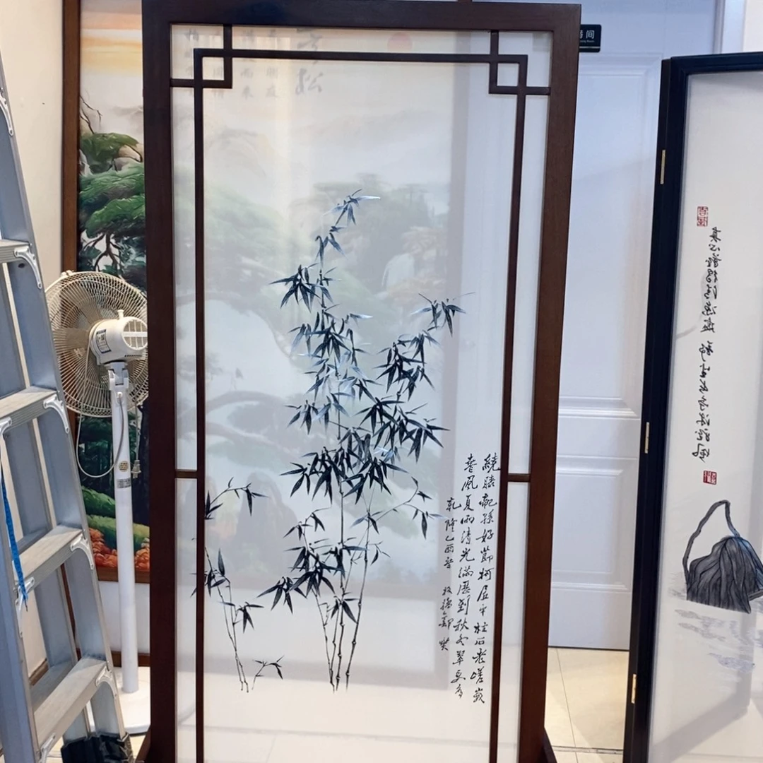 木（非红木类）苏绣板桥青竹屏风