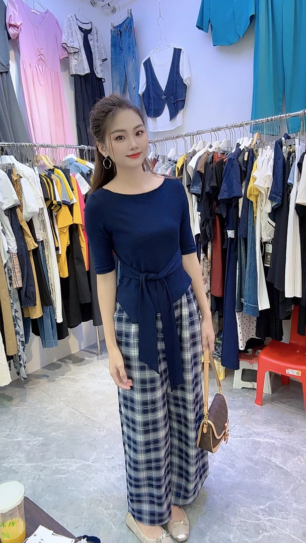 7012气质纯色收腰格子阔腿裤套装