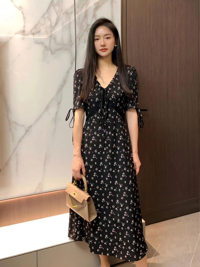 法式短袖碎花系带高腰显瘦气质长款夏季连衣裙复古