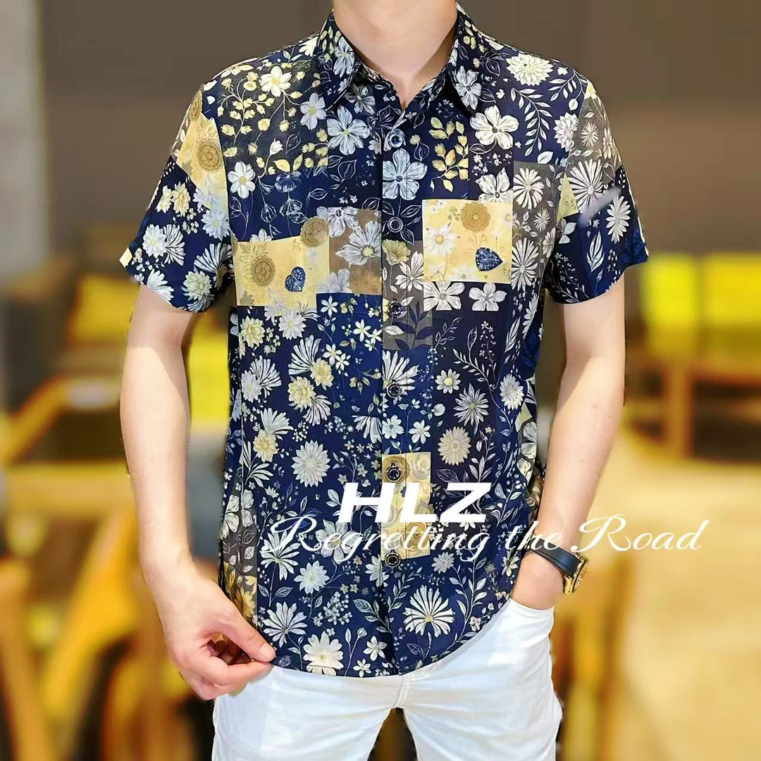 2025夏季新款男士时尚休闲薄款个性花朵图案纽扣款翻领短袖衬衫