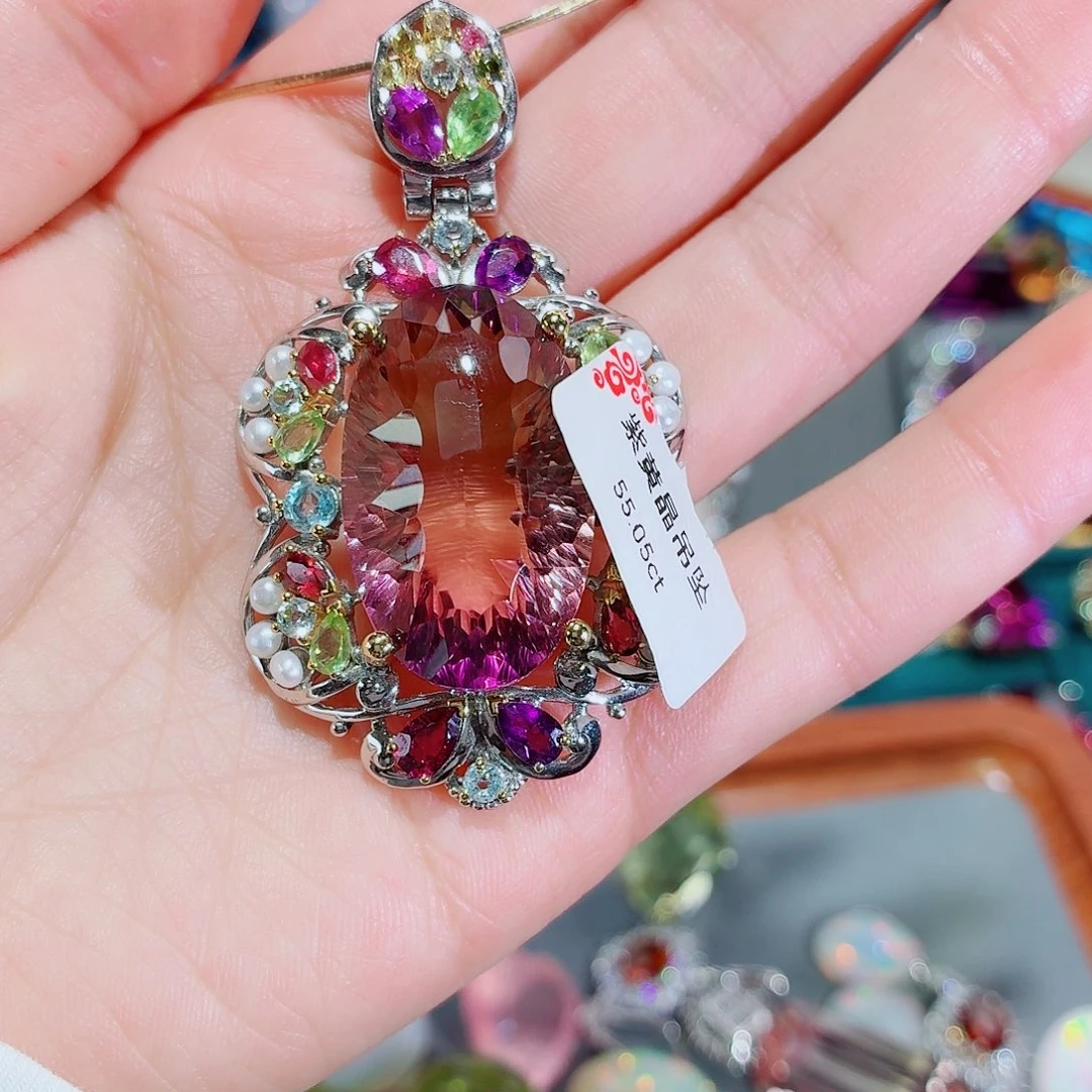 上***海水晶颈饰银S925镶嵌吊坠