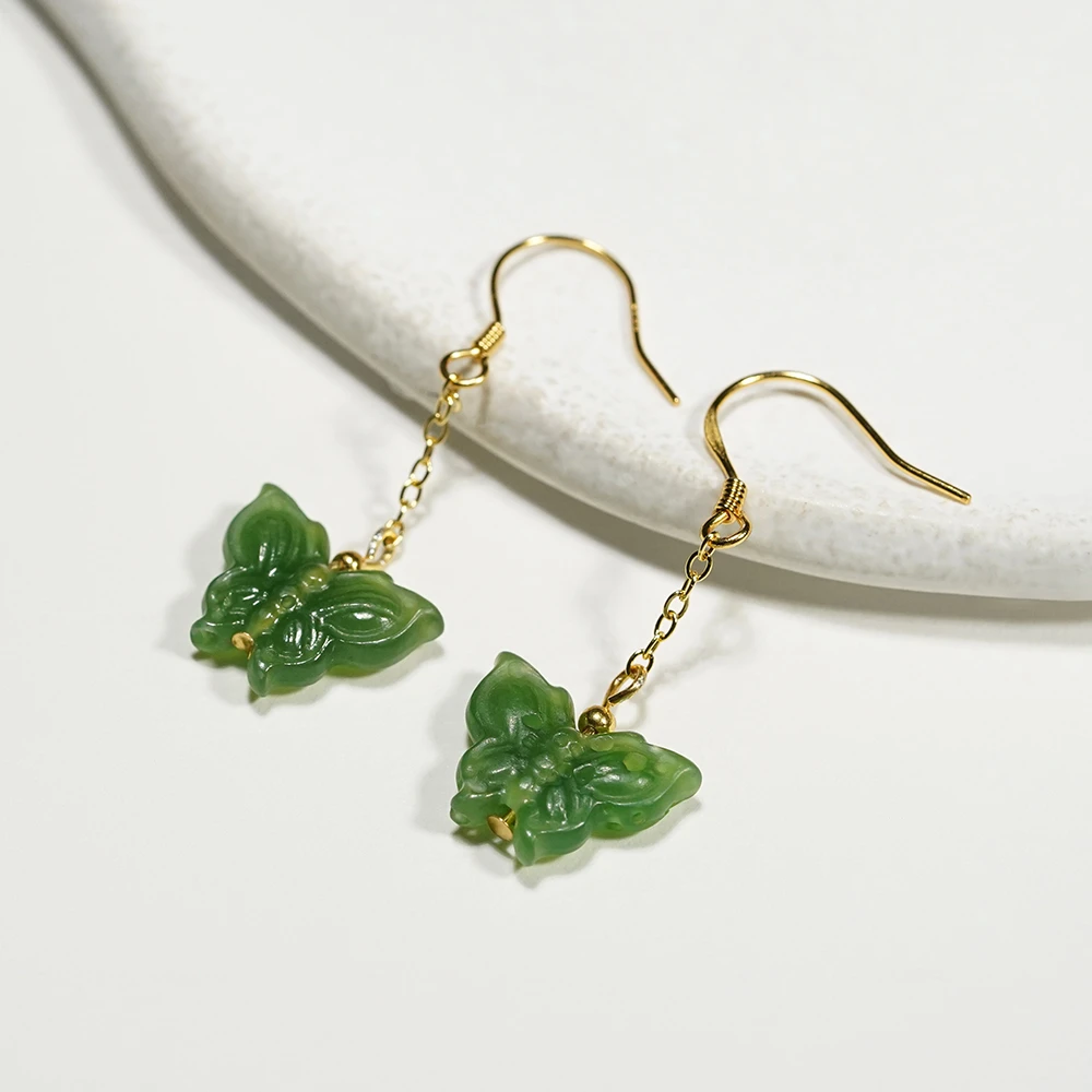 和田玉碧玉蝴蝶耳环小众饰品精致正宗百搭国风文玩好物-S