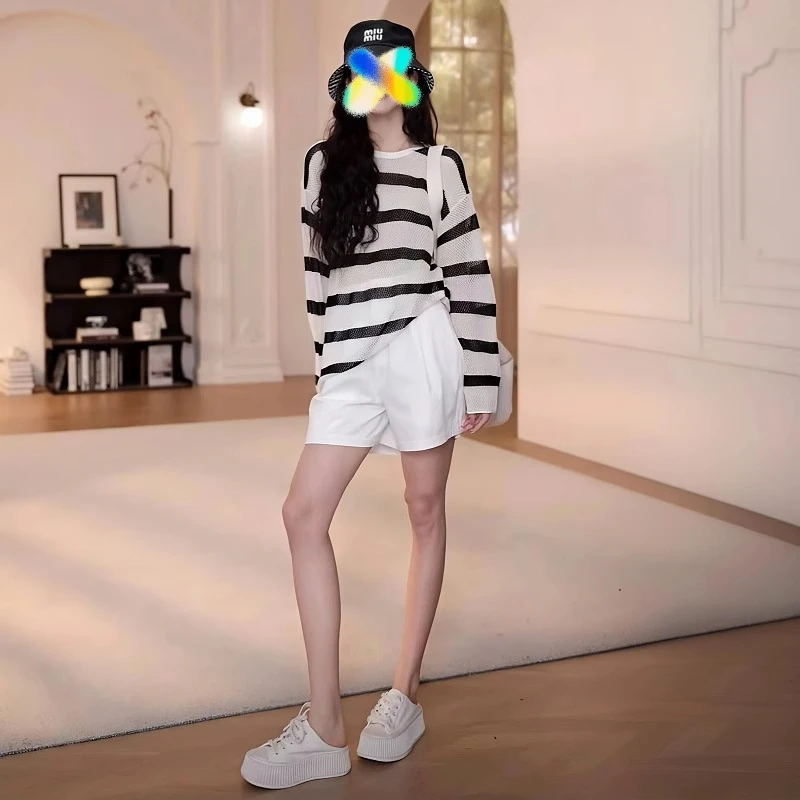 夏季女款黑纹宽松慵懒风冰丝针织长袖防晒罩衫时尚短裤气质套装女
