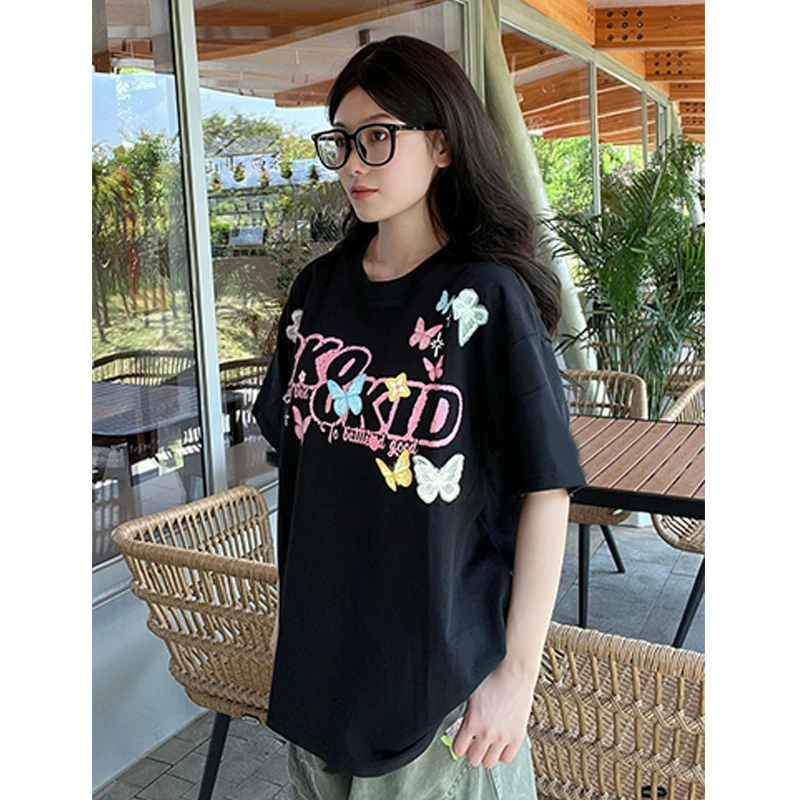 NASA ROAD新款百搭短袖T恤男女夏季韩版宽松纯棉字母蝴蝶刺绣上衣