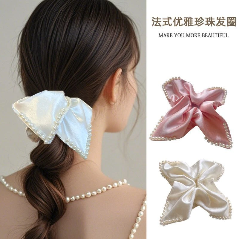 2025新款法式优雅珍珠方巾发圈女高级感发饰气质缎面头绳大肠圈扎