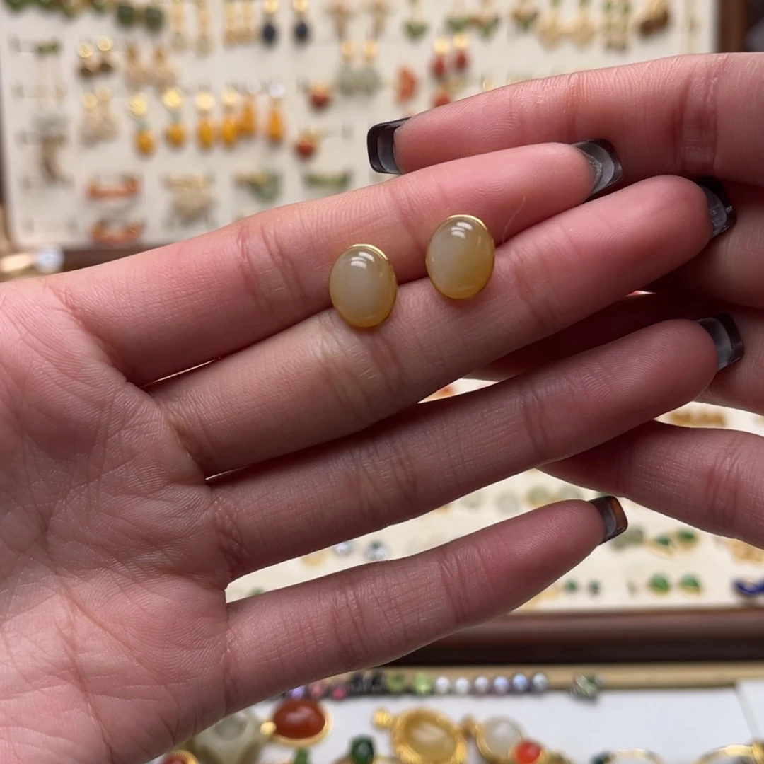 和田玉银S925镀金镶嵌耳饰