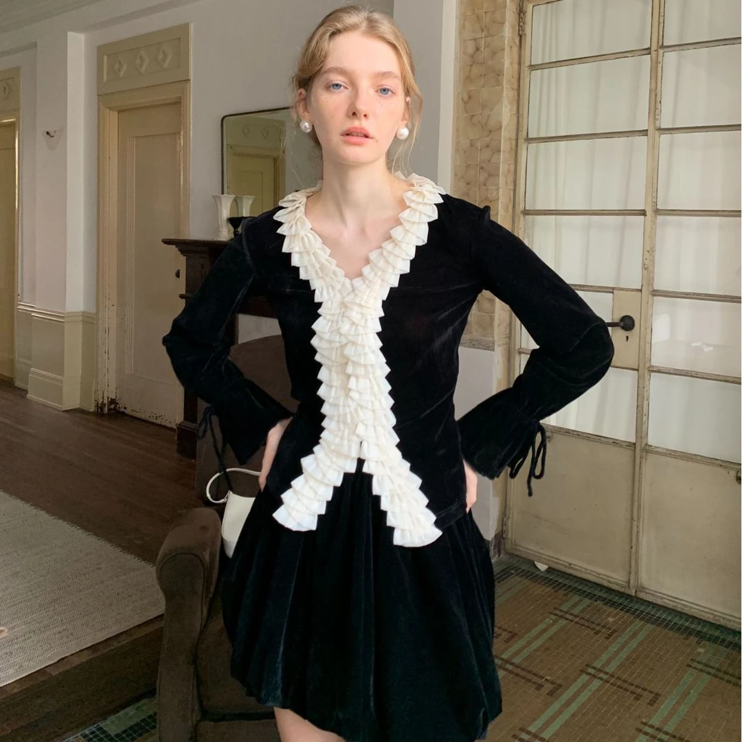 秋季法式设计感波浪边修身针织衫女上衣小香风气质83710