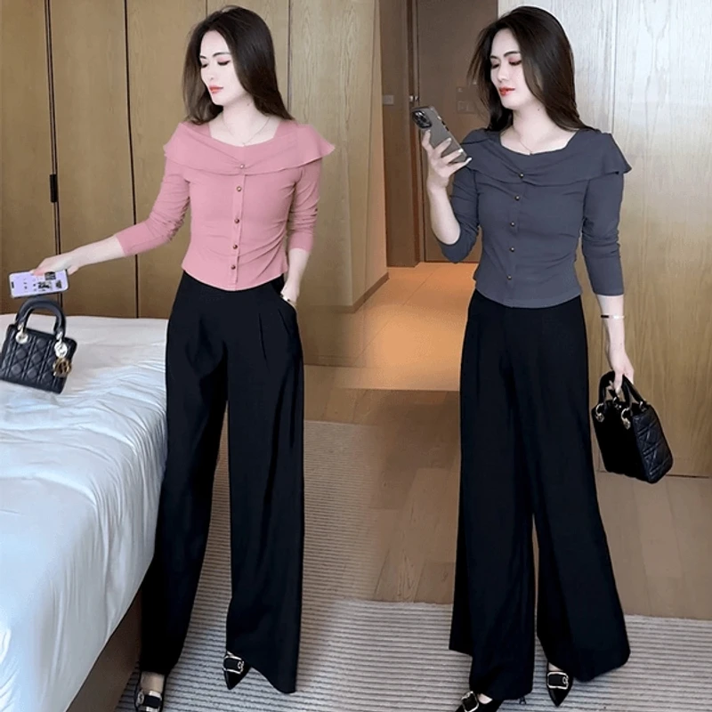 2025早春显瘦T恤小众设计感一字肩袖洋气时尚减龄上衣小个子气质