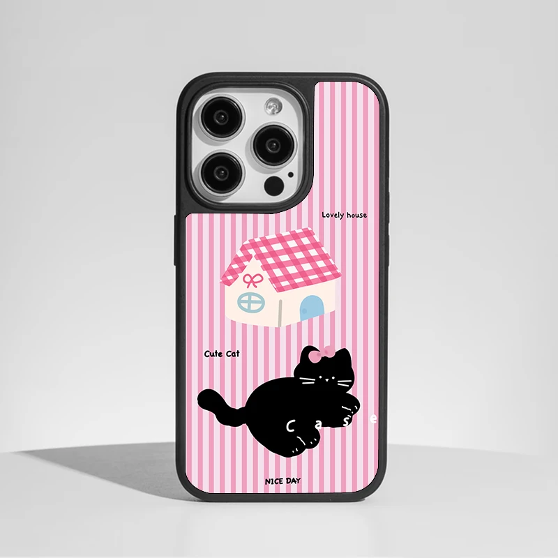 磨砂玻璃条纹房子小猫适用于iphone15女款苹果16promax手机壳简约