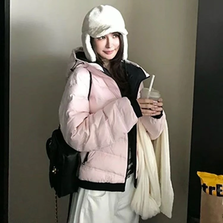 连帽宽松短款保暖纯色走线女棉服棉衣时尚冬季秋冬防风