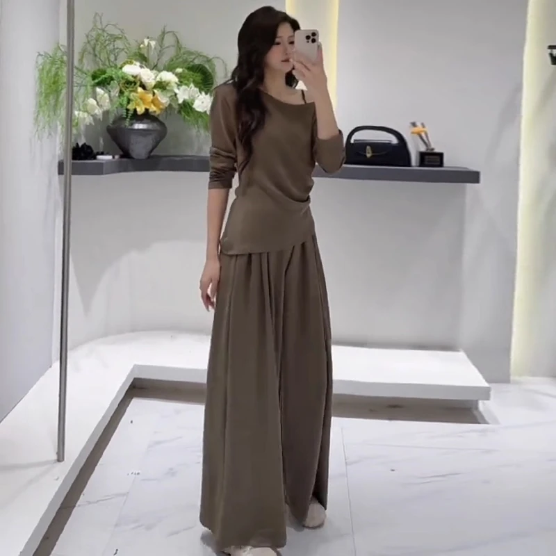 时尚气质套装女2025秋季新款慵懒风露肩显瘦T恤高腰阔腿裤两件套