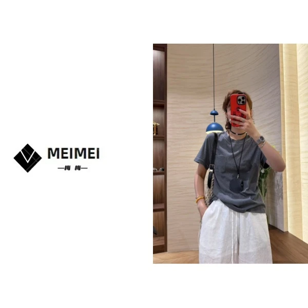 XMM【灰色手工短袖T恤】时尚百搭潮流显瘦休闲小众简约圆领WGQ99120
