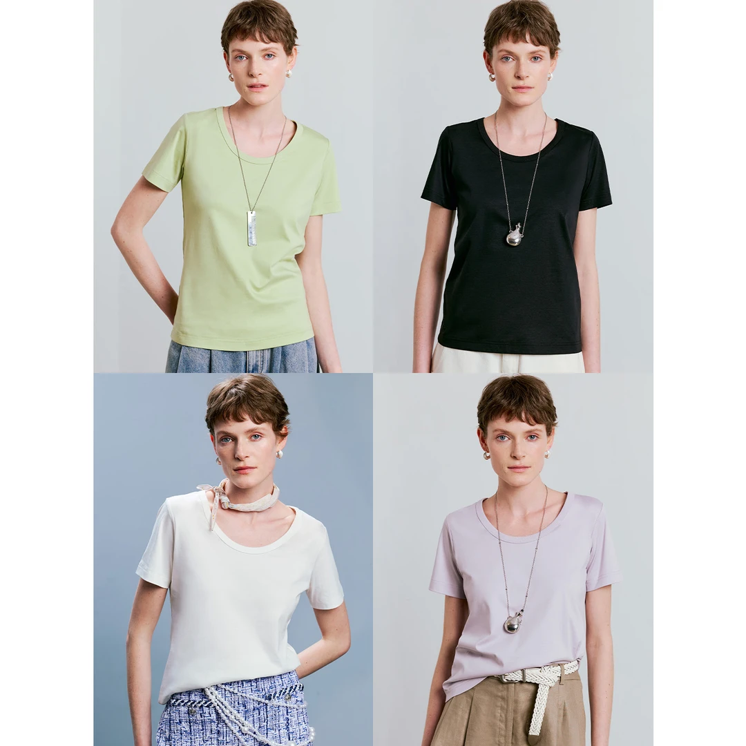 MARIUS“呼吸T”奢华60支流光蚕丝双面罗纹拼接大圆领口基础T恤