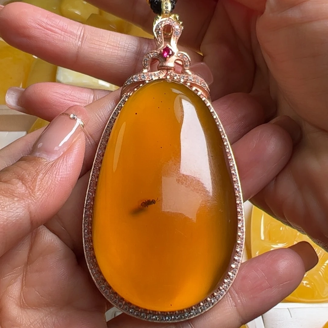 虫珀毛衣链银S925镀金镶嵌