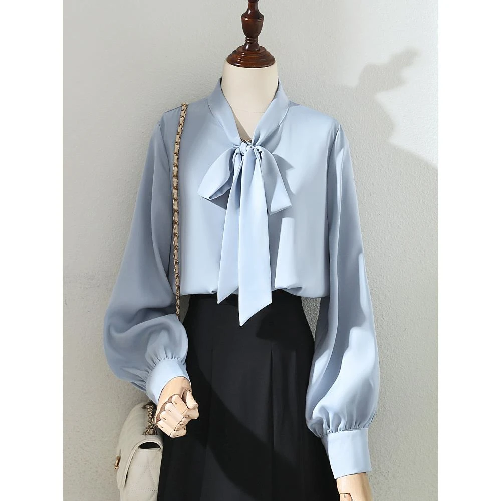 2025春秋新款蓝色蝴蝶结缎面垂感衬衫女气质灯笼袖通勤OL长袖上衣