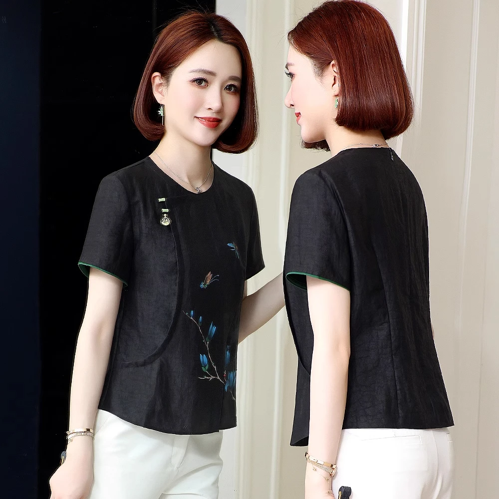 气质优雅中式国风龟纹香云纱上衣女2025夏新款中年妈妈桑蚕丝衬衫