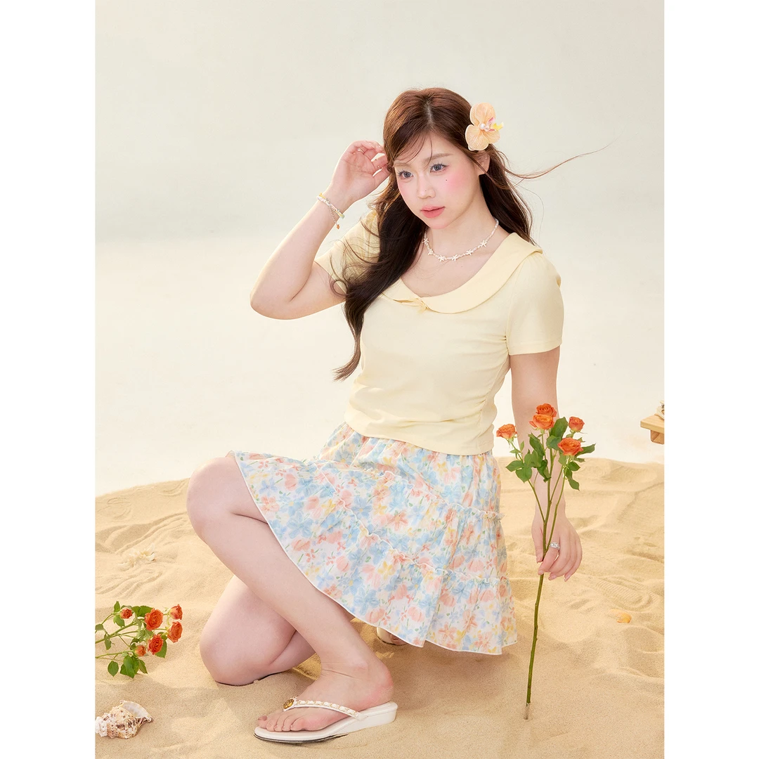 张大人【盛夏菡萏】大码女装微胖妹妹减龄甜美风娃娃领上衣碎花半裙