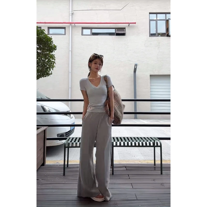 简约时尚通勤风小个子V领修身短袖T恤上衣高腰宽松百搭直筒阔腿裤
