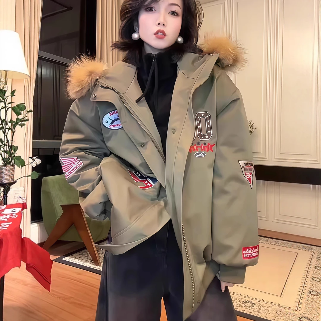 美式复古连帽内里加绒棉服外套女2025冬季刺绣加绒派克棉服外套潮