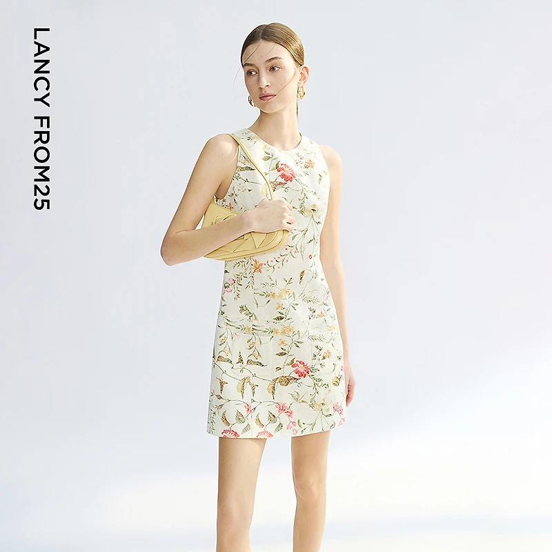 朗姿无袖法式提花肌理圆领连衣裙女印花A字裙2025年夏季新款