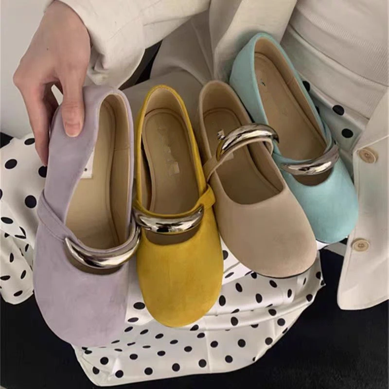 手抓纹玛丽珍单鞋女鞋2025春季新款百搭平底内增高一字扣金属单鞋