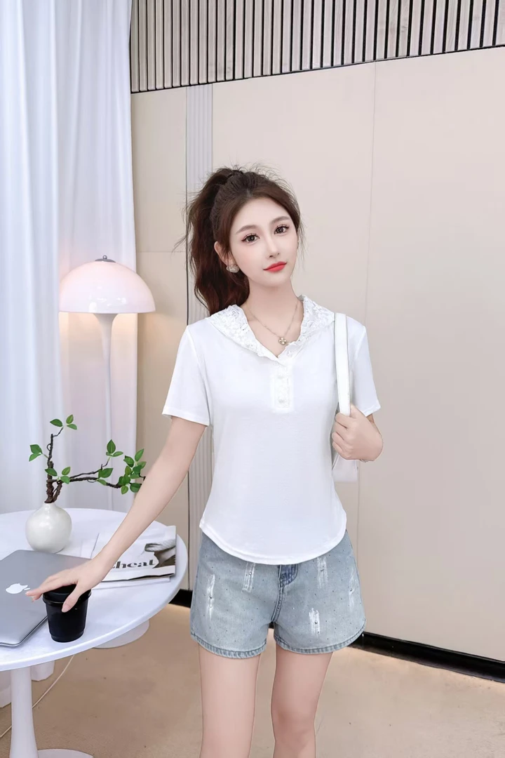 902#蕾丝连帽短袖T恤女显瘦简约百搭时尚休闲洋气夏季