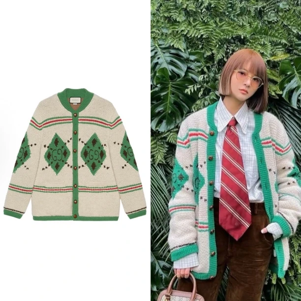 全新未使用 GUCCI/古驰 羊驼毛象牙白绿拼色提花羊毛衫外套