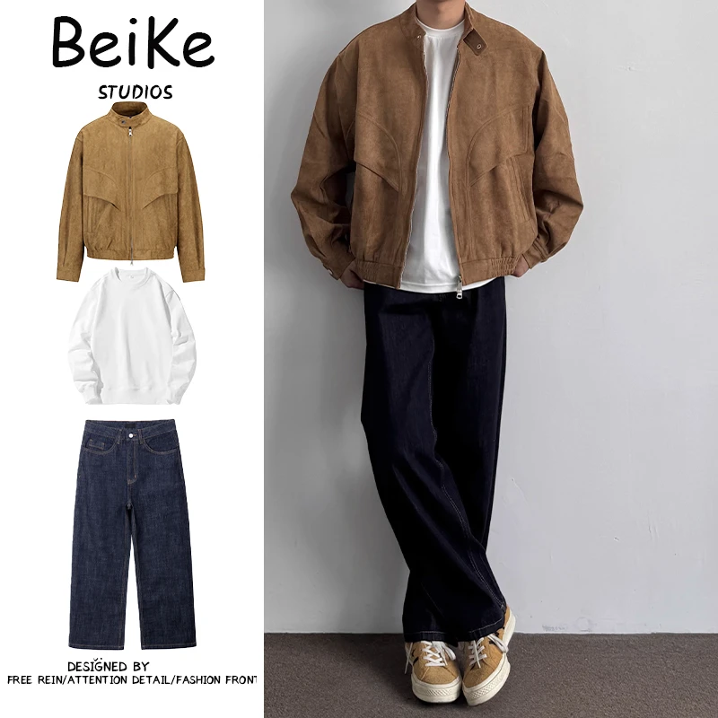 三件装/短款美式复古麂皮立领哈灵顿夹克秋冬男飞行休闲宽松外套