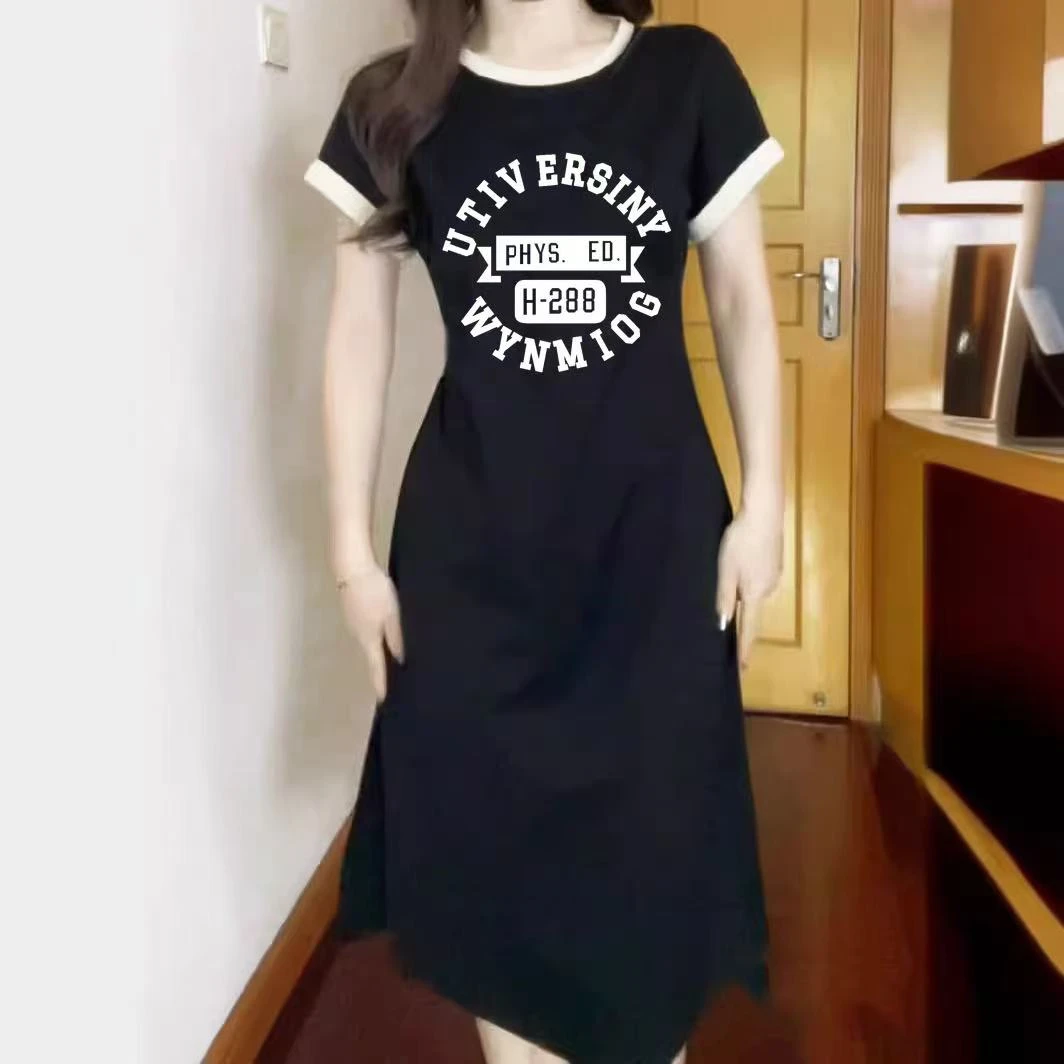 冰丝字母印花高开叉连衣裙