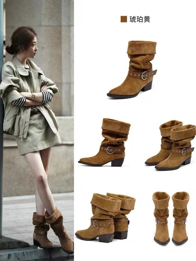 【白鹿同款】骑士靴女2025年新款复古粗跟尖头短靴褶皱西部堆堆靴